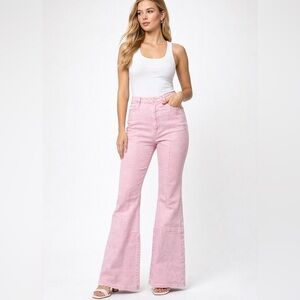 Good American High Rise Pink Flare Jeans Size 6 / 28 Retro Panel Seam 70s Barbie